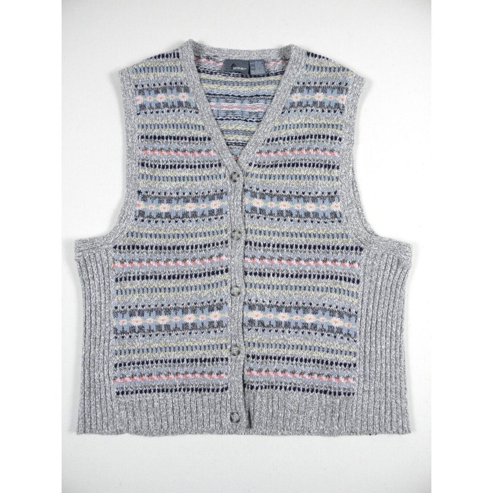 Liz Claiborne Liz Wear Sweater‎ Vest Women L Knit Button-up Gray Blue Pink Y2K